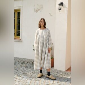 Linenfox Margo linen gingham maxi dress in gray gingham